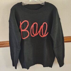 Halloween Sweater Knit Pullover Boo Glitter Design Black Medium 100% Polyester